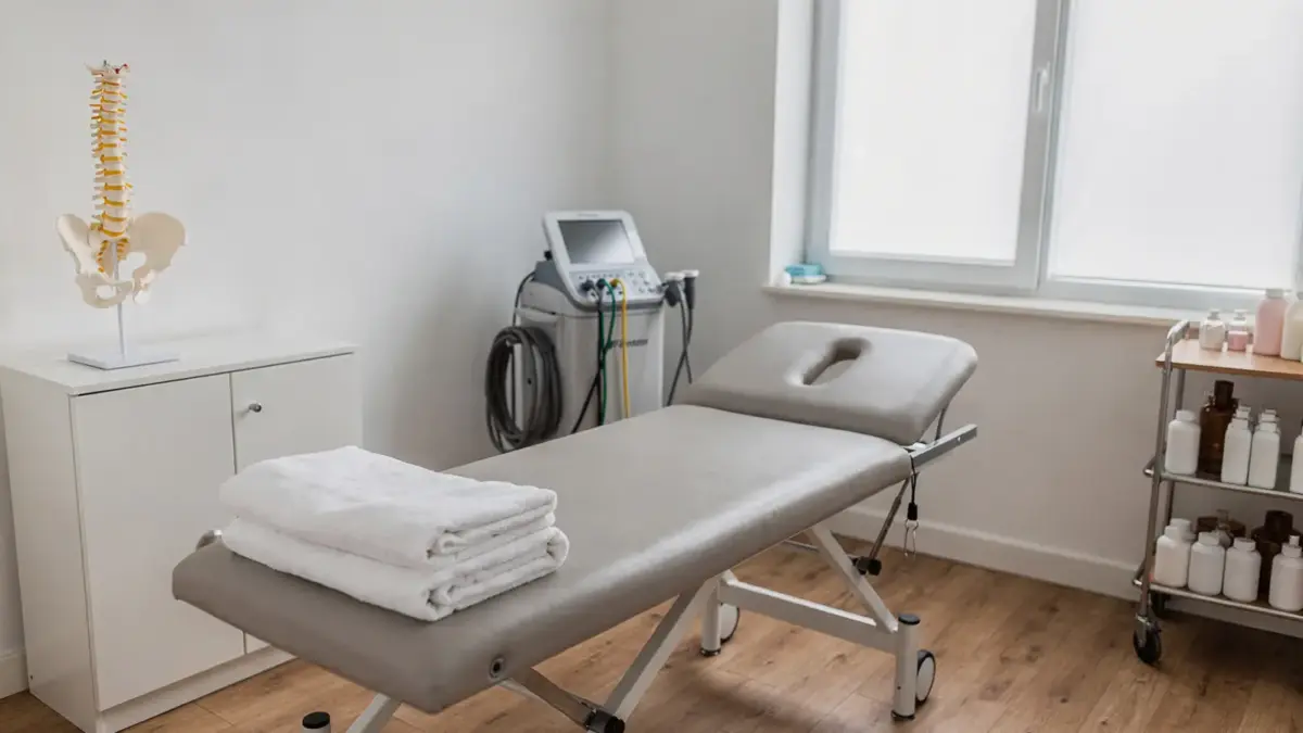 Behandlungsraum für Osteopathie nach Operation mit Liege, Anatomiemodell und klinischer Ausstattung