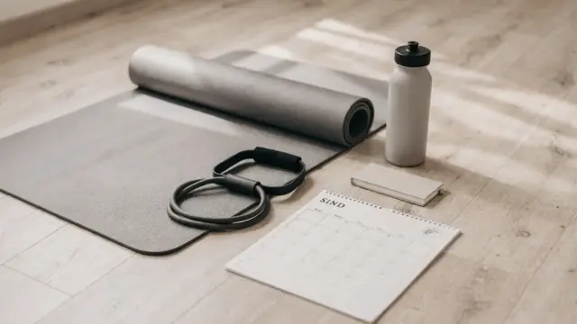 Home-Workout-Setup mit Matte, Band und Kalender zum Thema Übungshäufigkeit in der Selbsthilfe