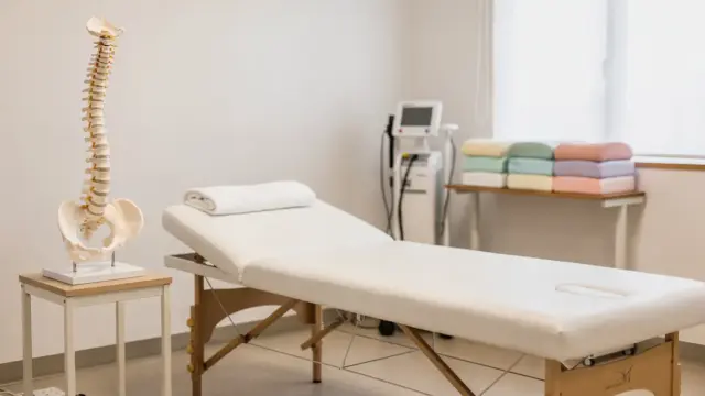 Osteopathie für Senioren: ruhige Behandlungsliege mit Wirbelsäulenmodell im Praxisraum