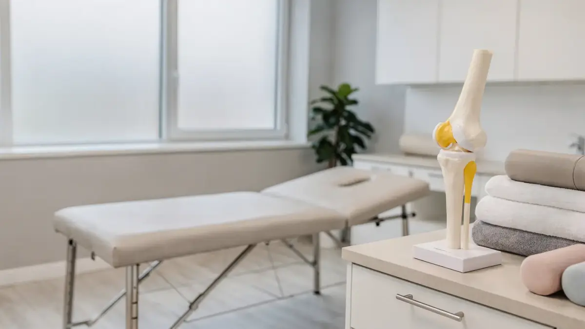 Osteopathie bei Arthrose: Behandlungstisch mit Gelenkmodell in heller Praxis