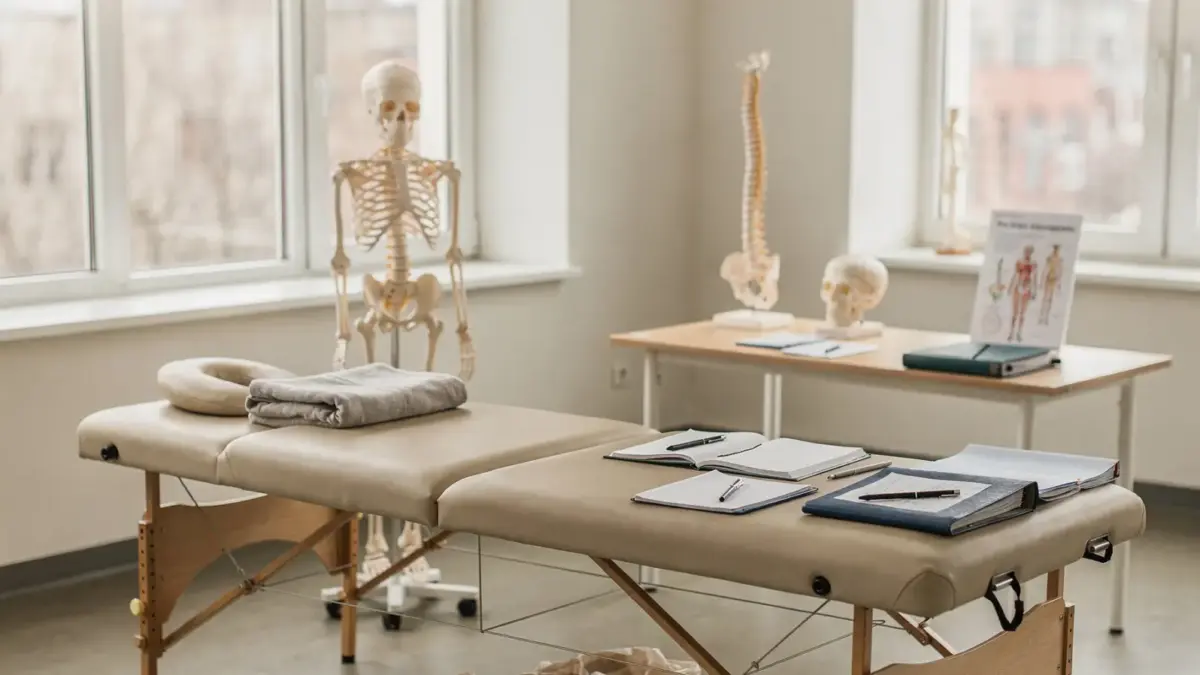 Osteopathie-Ausbildung mit Behandlungstisch, Anatomiemodell und Lernmaterialien in einem hellen Seminarraum
