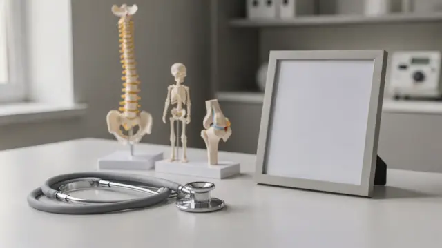 Klinisches Arztzimmer mit Anatomiemodell und Schild zum Thema Osteopath als Bezeichnung