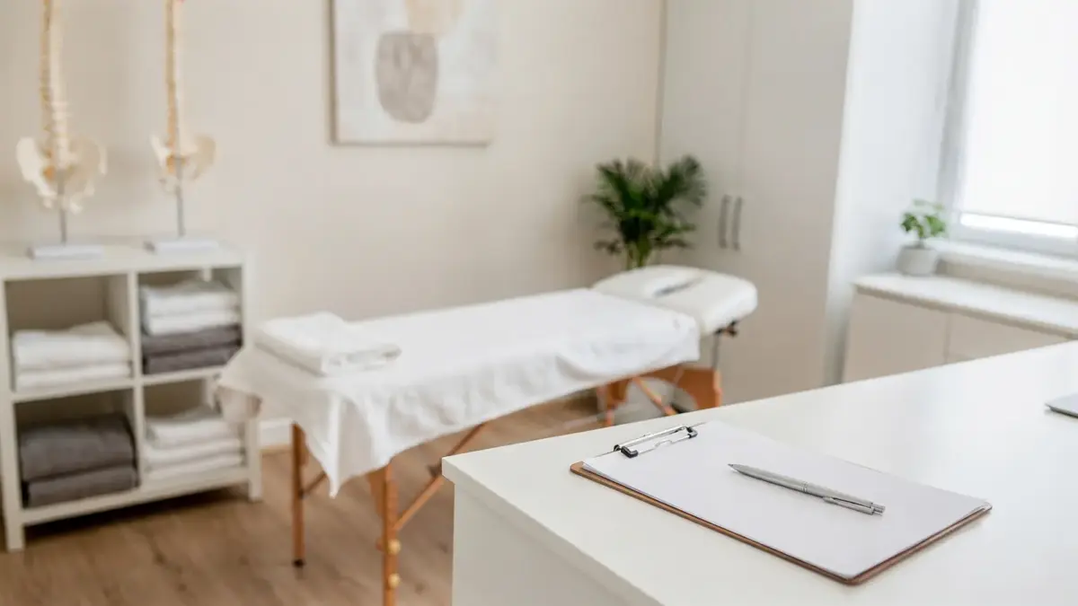 Osteopathie-Praxis mit Behandlungsliege und Wirbelsäulenmodell zum Thema Kassenzulassung und Abrechnung