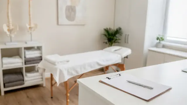Osteopathie-Praxis mit Behandlungsliege und Wirbelsäulenmodell zum Thema Kassenzulassung und Abrechnung