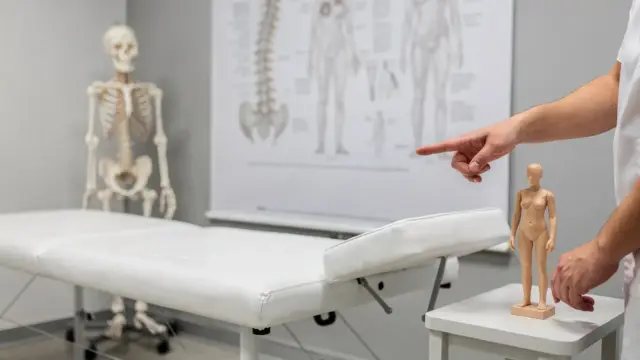 Osteopathie-Erklärungsmodelle mit Skelettmodell, Wirbelsäulenmodell und Behandlungsliege in einer Praxis