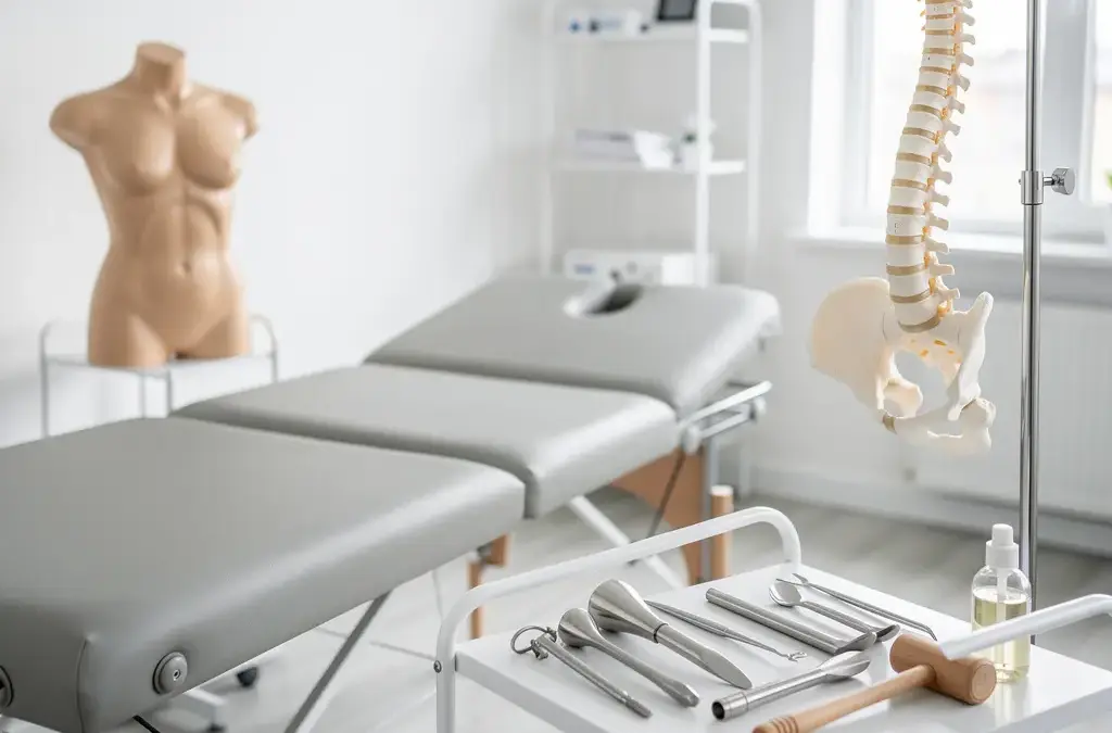 Osteopathie-Behandlungsraum mit Behandlungsliege, Anatomiemodell und Wirbelsäulenmodell
