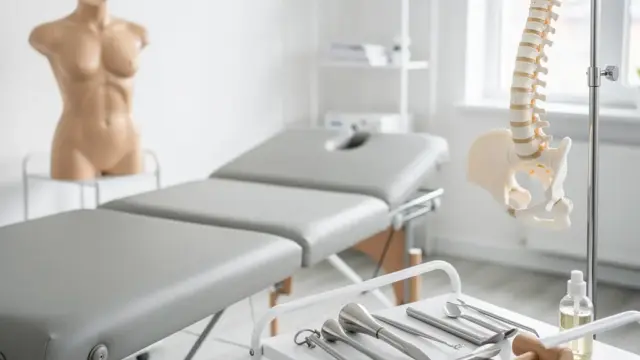 Osteopathie-Behandlungsraum mit Behandlungsliege, Anatomiemodell und Wirbelsäulenmodell