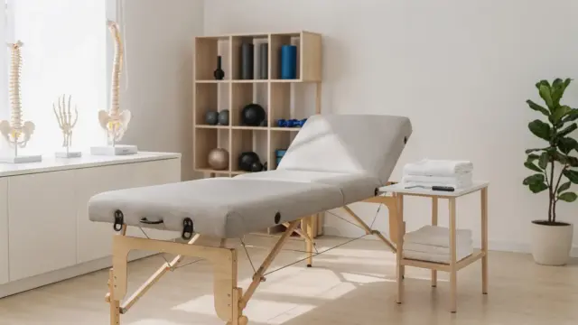 Osteopathie-Arbeitsmarkt: Behandlungsraum einer Osteopathiepraxis mit Liege und Anatomiemodell