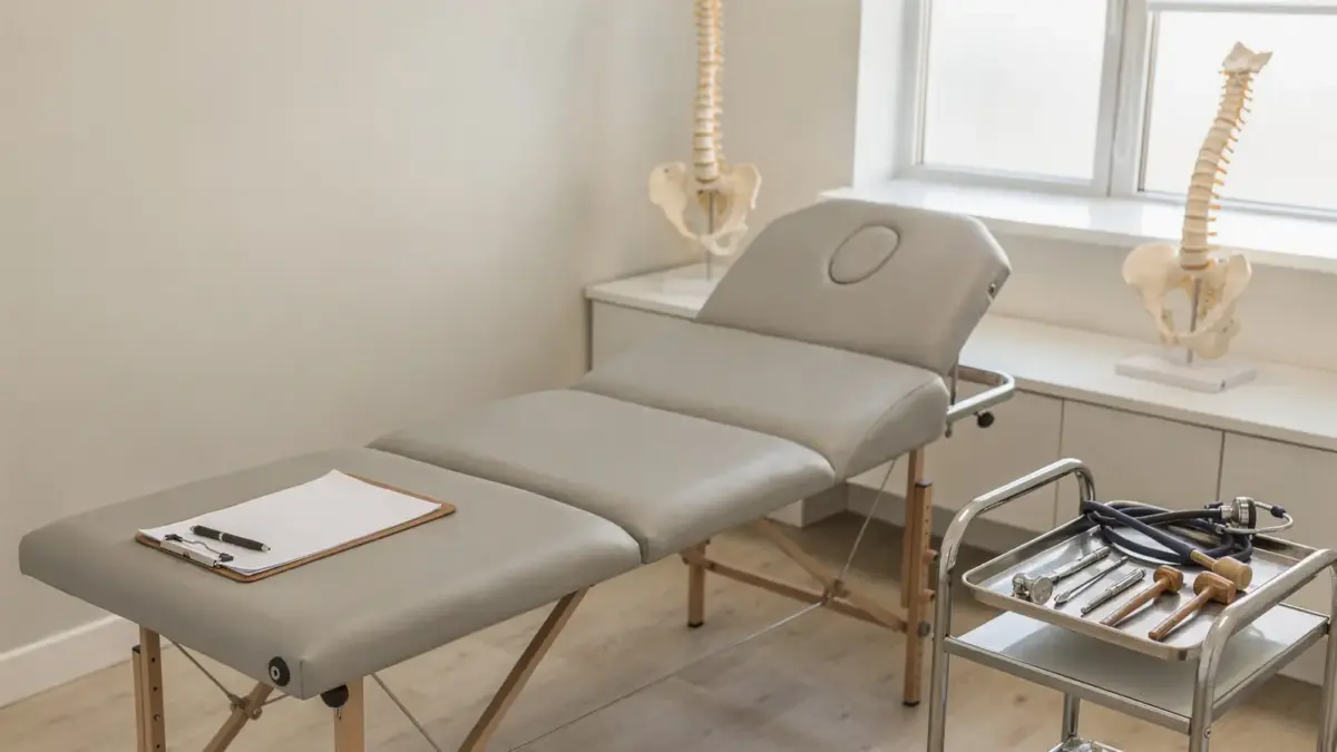 Tisch mit Anamnesebogen und Anatomiemodell in einer osteopathischen Praxis zur osteopathischen Anamnese
