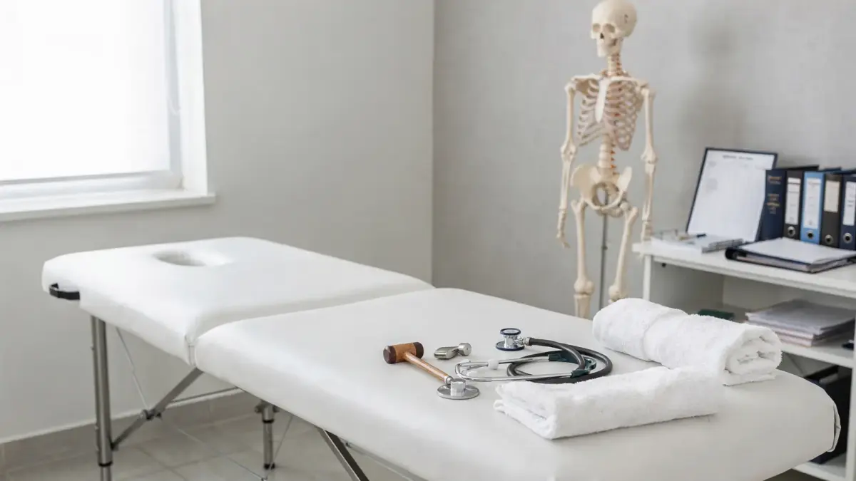 Osteopathie-Verbände und Standards: Behandlungsraum mit Liege, Anatomiemodell und Praxismaterial
