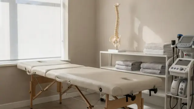 Osteopathie-Klinik mit Behandlungsliege und Wirbelsäulenmodell zum Thema Osteopathie-Kontraindikationen