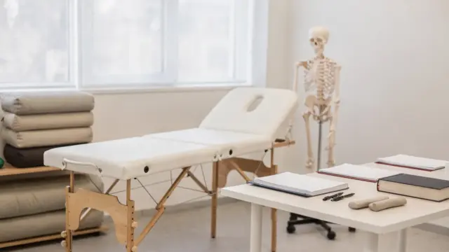 Ausbildungsraum für Osteopathie mit Behandlungsliege, Skelettmodell und Unterlagen zur Ausbildung und zum Berufsweg