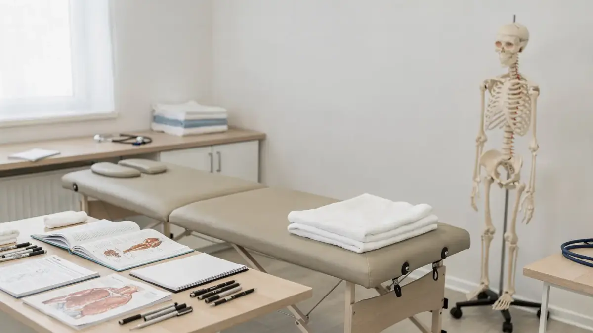Osteopathie-Ausbildung in heller Lehrpraxis mit Behandlungsliege und Anatomiemodell