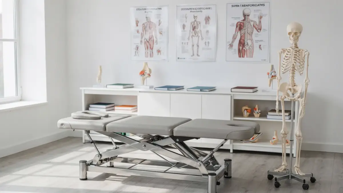 Osteopathie-Ausbildung in einem hellen Unterrichtsraum mit Behandlungsliege und Anatomiemodell