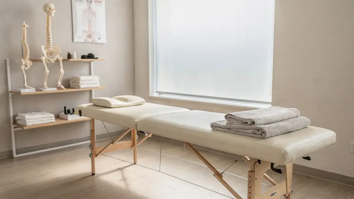 Osteopathie-Behandlungsraum mit Liege, Anatomiemodell und therapeutischen Geräten
