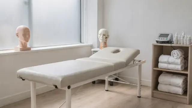 Osteopathie bei Kopfschmerzen: Behandlungsraum mit Liege und anatomischem Modell