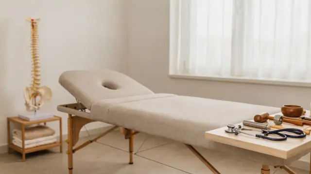 Osteopathie-Behandlungsraum mit Behandlungsliege und Wirbelsäulenmodell zum Thema Risiken der Osteopathie