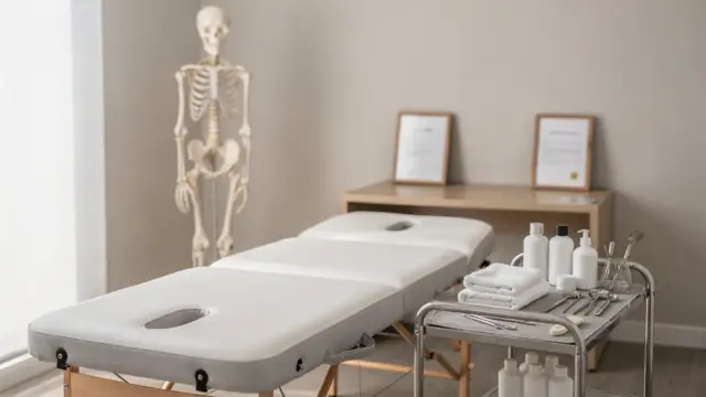 Osteopathie-Praxis mit Behandlungsliege, Skelettmodell und Zertifikaten zur Prüfung der Qualifikation