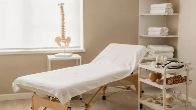 Osteopathie-Behandlungsraum mit Liege, Anatomiemodell und therapeutischen Hilfsmitteln