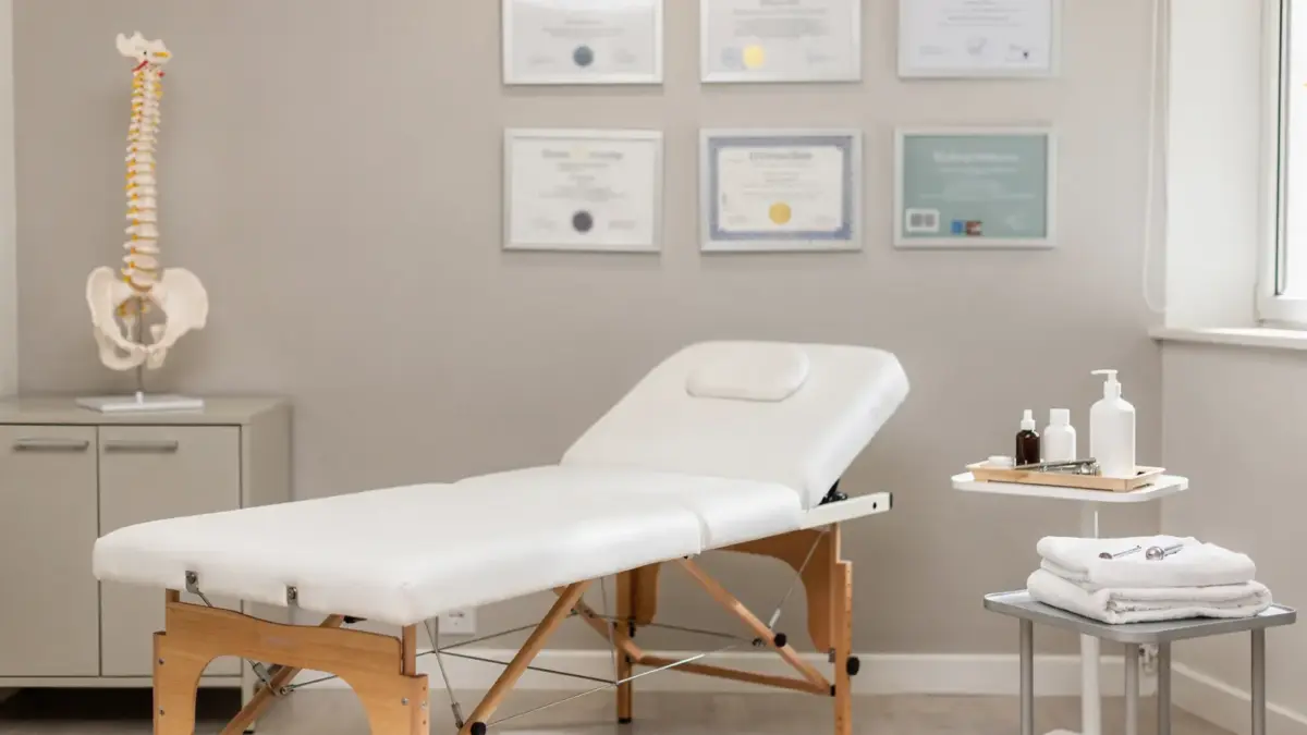 Osteopathie-Praxis mit Behandlungsliege und Wirbelsäulenmodell als Symbol für die Osteopathie-Verband-Mitgliedschaft