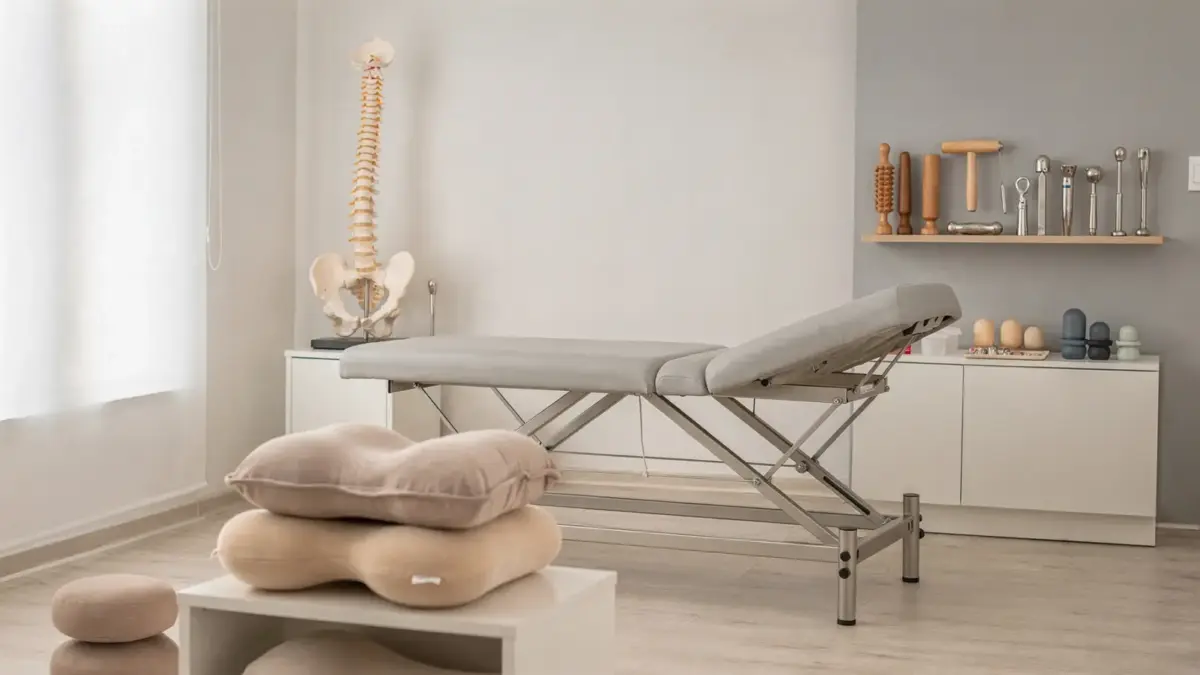 Behandlungsraum in der Osteopathie mit Liege, Wirbelsäulenmodell und Manualtherapie-Zubehör