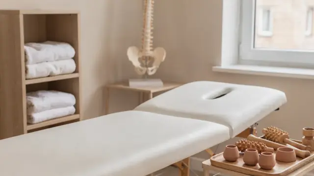 Osteopathie-Behandlungsraum mit Liege und Anatomiemodell zum Alltag und zur Behandlung
