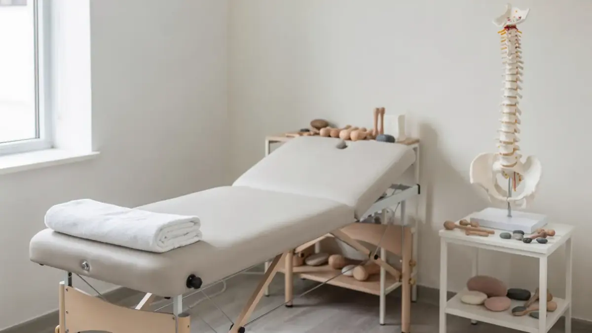 Osteopathie-Anwendungsbereiche in einer Praxis mit Behandlungsliege, Wirbelsäulenmodell und Therapiezubehör