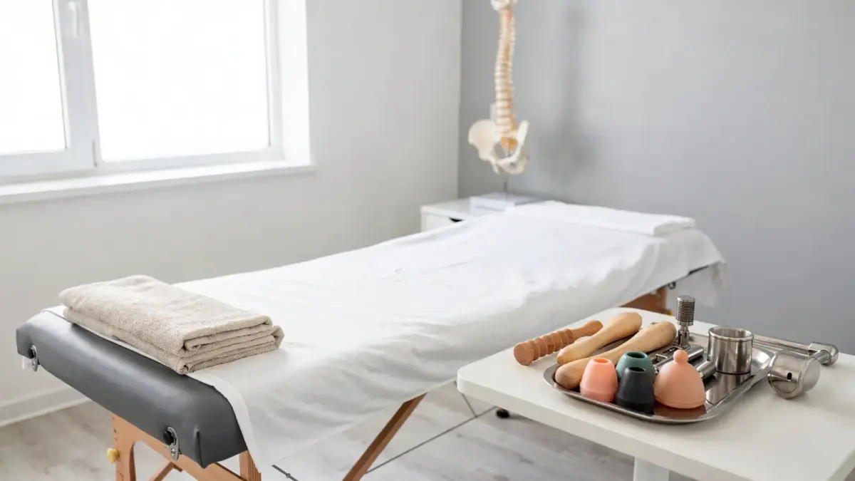 Osteopathie-Behandlungsablauf: Behandlungsraum mit Liege, Handtüchern und Anatomiemodell