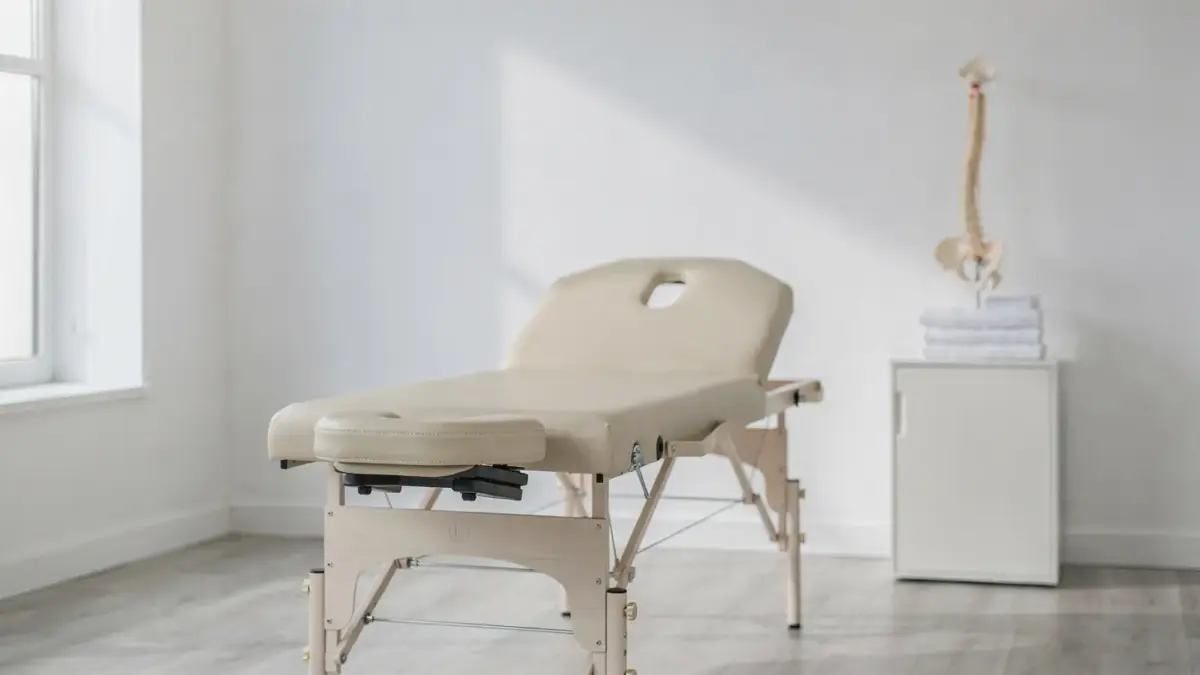 Osteopathie-Metaanalyse: Behandlungsraum mit Liege und Wirbelsäulenmodell