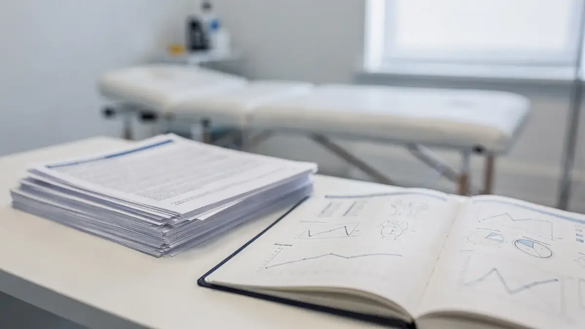 Osteopathie-Studien und Fachpapiere auf einem Tisch in einer neutralen Praxisumgebung