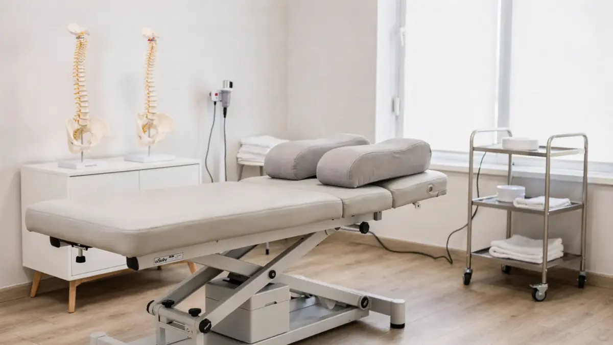 Osteopathie an der Halswirbelsäule in einer Praxis mit Behandlungsliege und Wirbelsäulenmodell