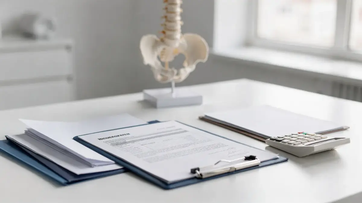 Krankenkasse und Osteopathie: Unterlagen, Taschenrechner und Wirbelsäulenmodell auf dem Schreibtisch