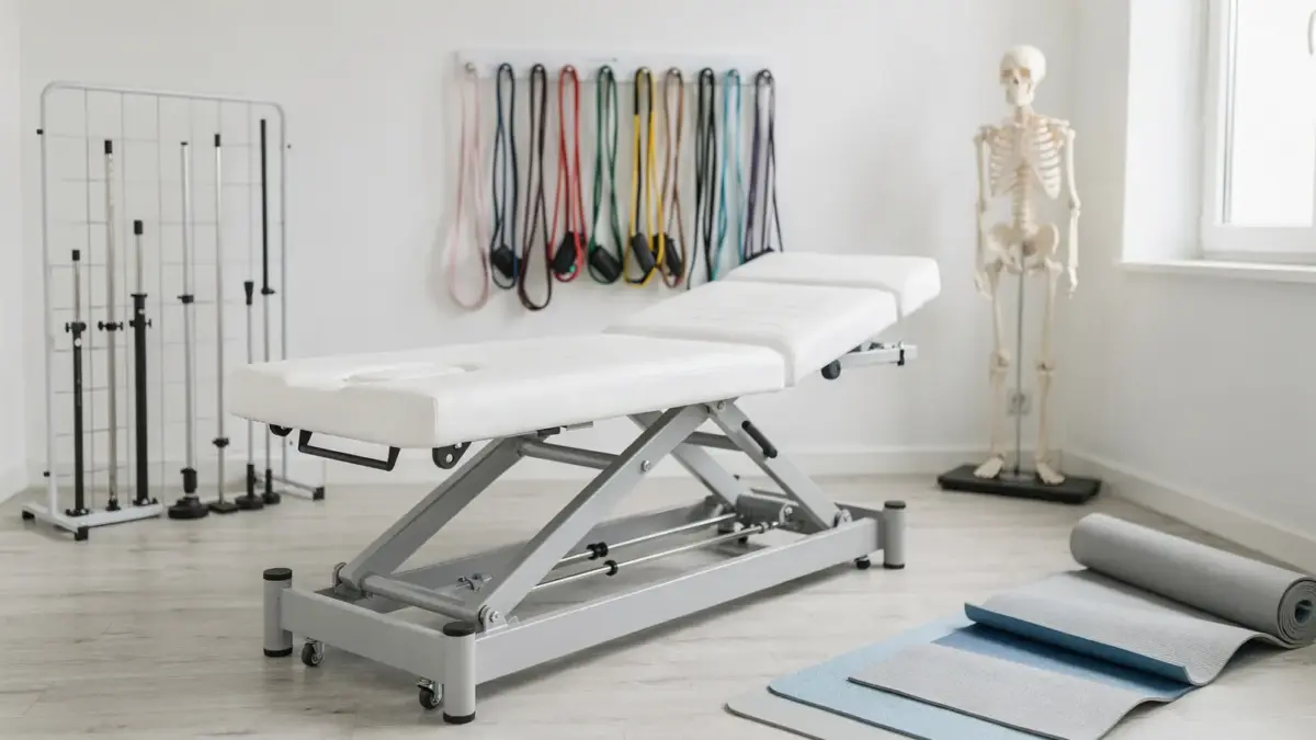 Behandlungsraum mit Liege, Trainingsband und Anatomiemodell zu Osteopathie und Physiotherapie