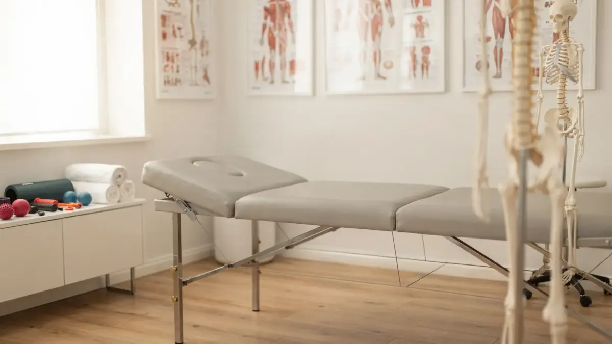 Osteopathie-Schmerzmechanismus in einer Praxis mit Behandlungsliege, Skelettmodell und Anatomieposter.