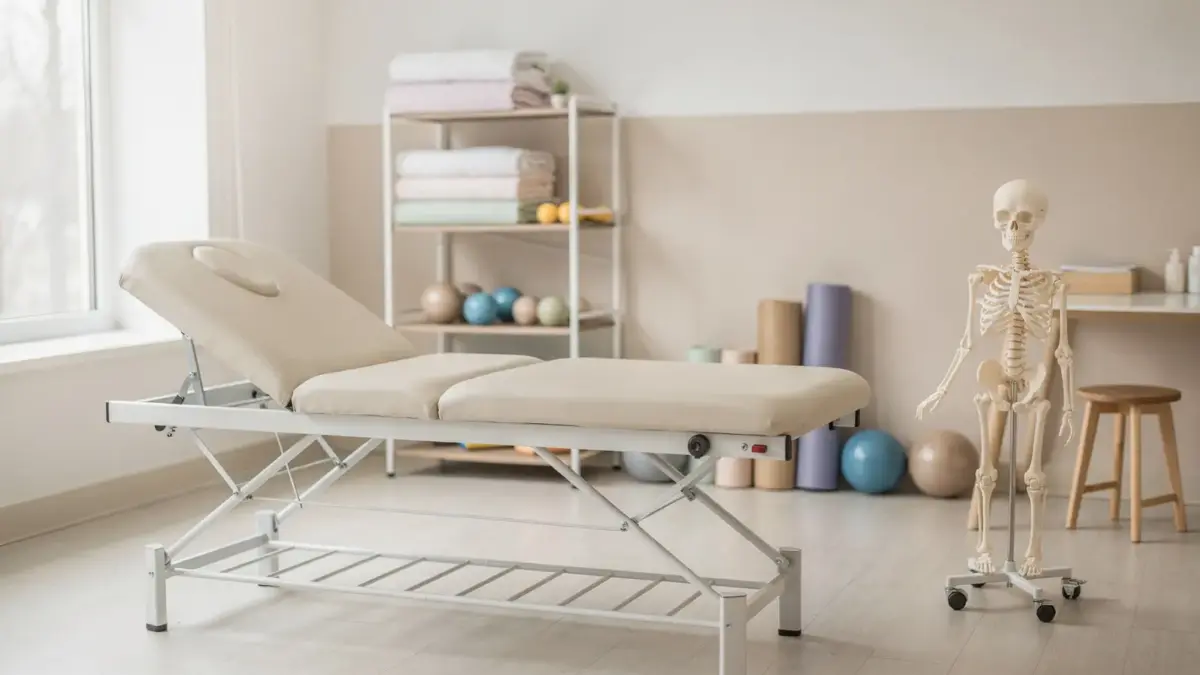 Behandlungsraum für Osteopathie bei Kindern mit Therapieliege und kindgerechtem Modell