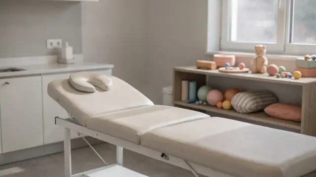 Behandlungsraum für Kinder-Osteopathie mit Liege und therapeutischen Hilfsmitteln