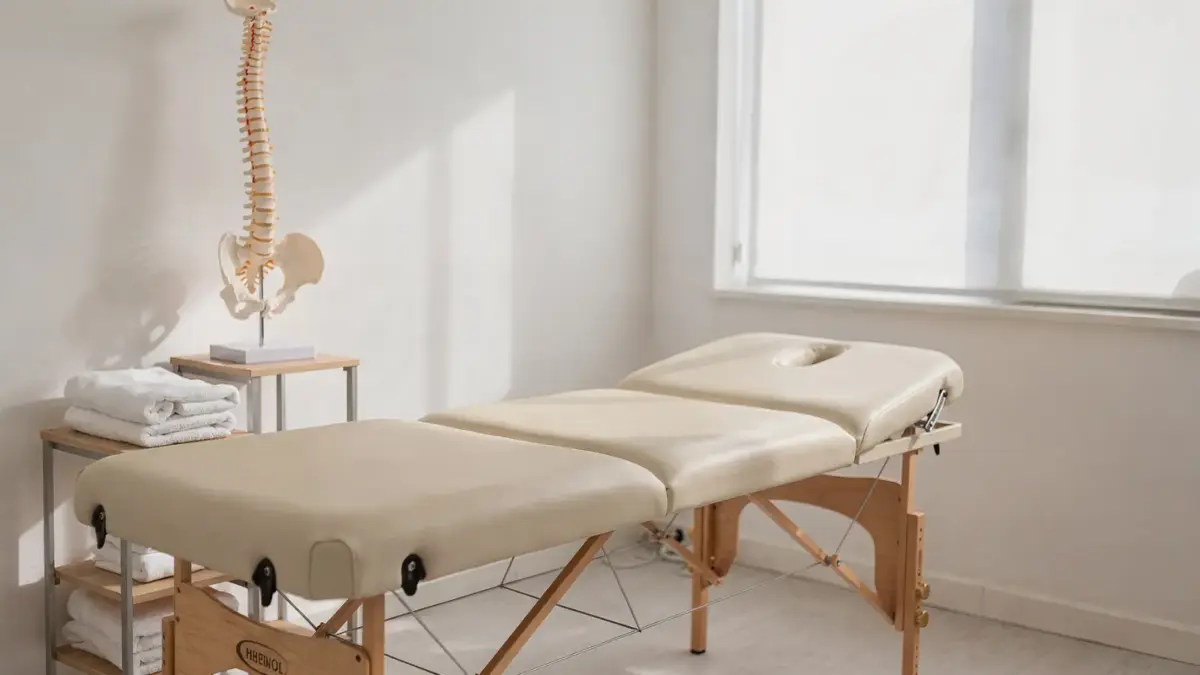 Osteopathie-Behandlungsraum mit Liege und anatomischem Modell