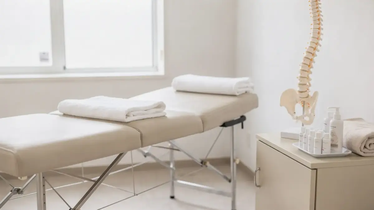 Osteopathie bei Rücken- und Nackenschmerzen in einer hellen Behandlungspraxis mit Liege und Wirbelsäulenmodell