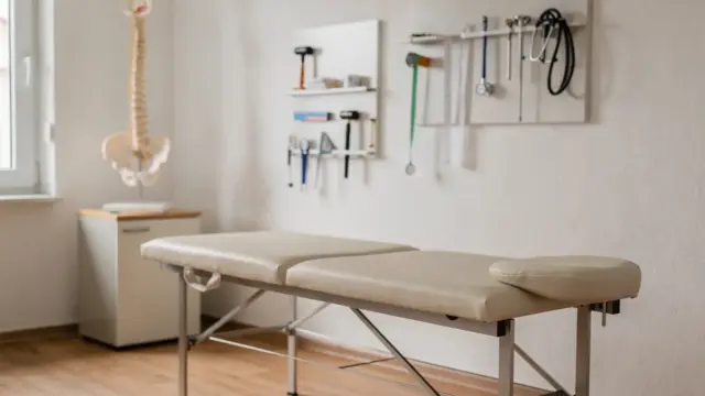 Osteopathie-Praxis mit Behandlungsliege und Wirbelsäulenmodell zum Thema Einstiegsgehalt in Deutschland