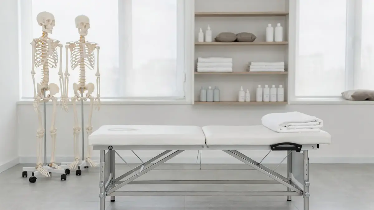 Osteopathie-Ausbildung in einer hellen Praxis mit Behandlungsliege, Skelettmodell und Therapiegeräten