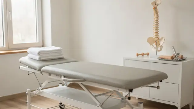 Osteopathie bei Krankheiten: Behandlungsraum mit Liege und anatomischem Modell