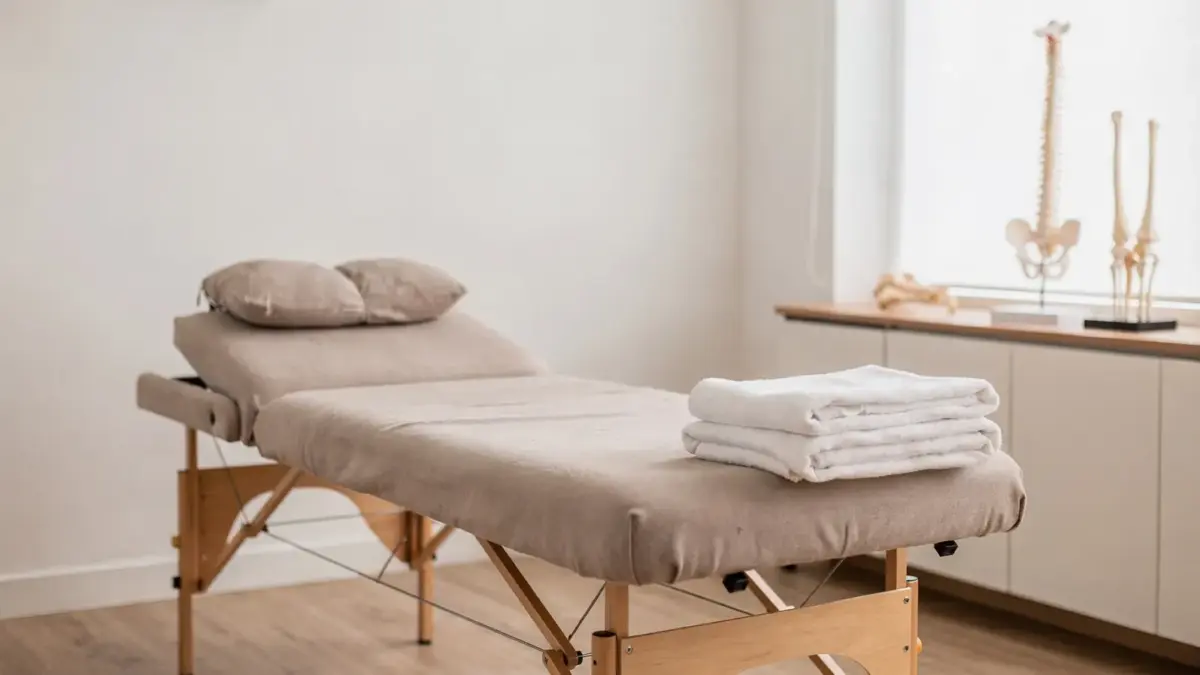 Osteopathie-Behandlungsraum mit Liege und anatomischen Modellen zum Thema Schmerzen nach Osteopathie