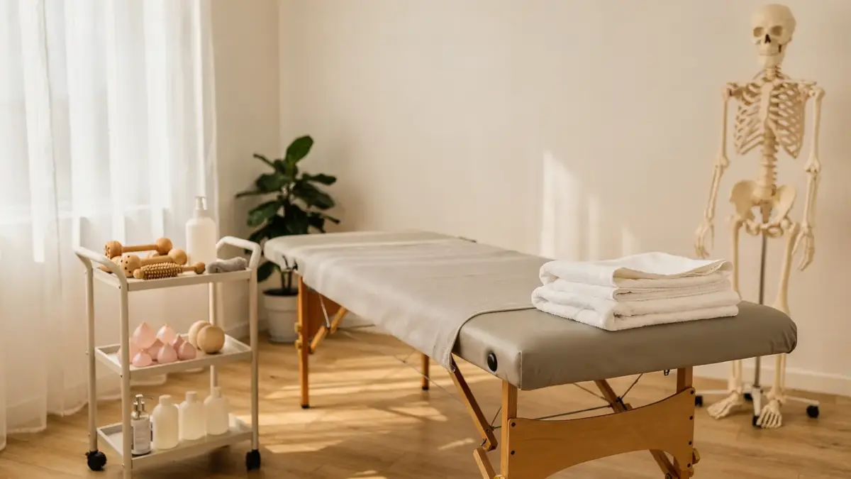 Behandlungsraum in der Osteopathie mit Liege und Anatomiemodell zum Thema Reaktionen nach Osteopathie