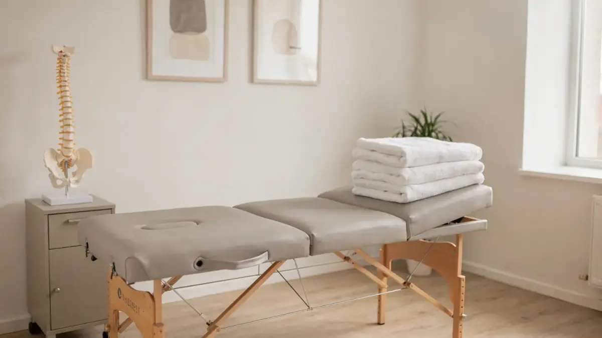 Behandlungsraum in der Osteopathie mit Liege und Anatomiemodell zu Beschwerden nach Osteopathie