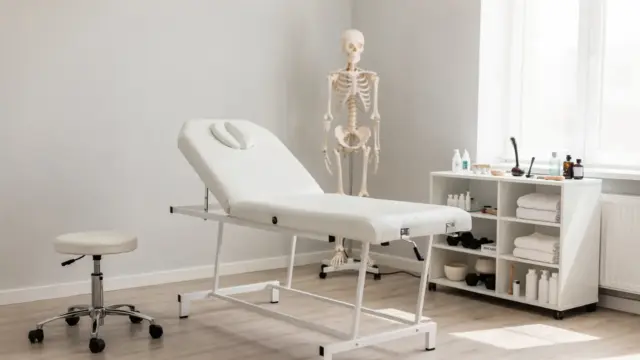 Behandlungsraum beim Osteopathen mit Liege, Modell und Geräten zum ersten Termin