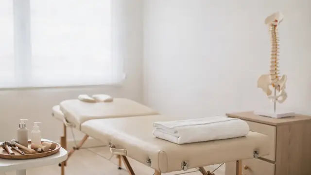 Osteopathie-Behandlungsraum mit Liege und Wirbelsäulenmodell zur Frage, wie lange eine osteopathische Sitzung dauert