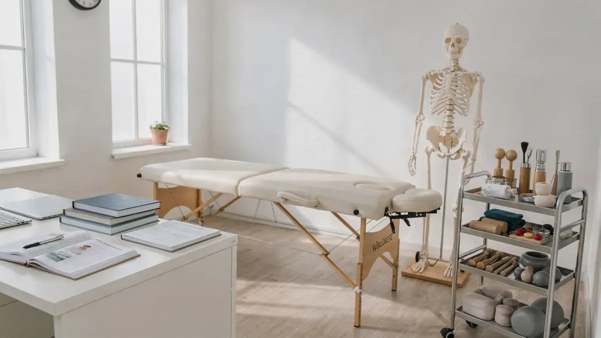 Osteopath Fortbildung mit Behandlungsliege, Skelettmodell und Kursmaterialien in einem hellen Seminarraum
