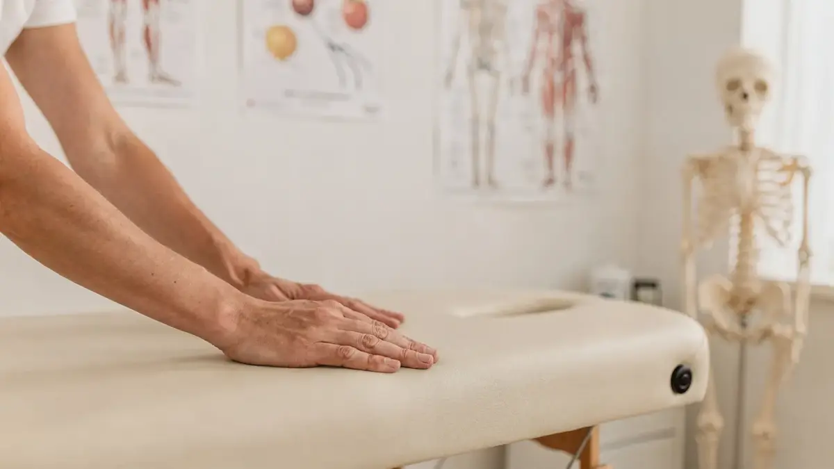 Osteopathie-Behandlungsraum mit Behandlungstisch und Skelettmodell zum Thema Grundprinzipien der Osteopathie