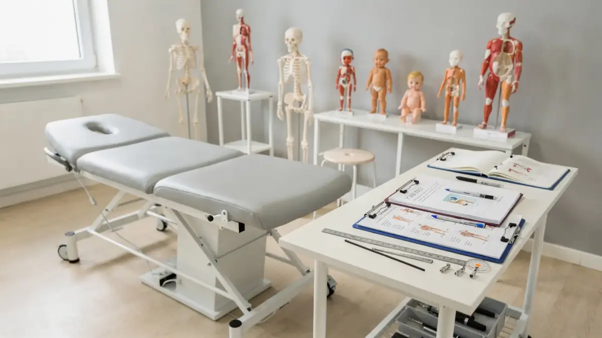 Fortbildungsraum für Kinderosteopathie mit Liege, Anatomiemodellen und Unterlagen