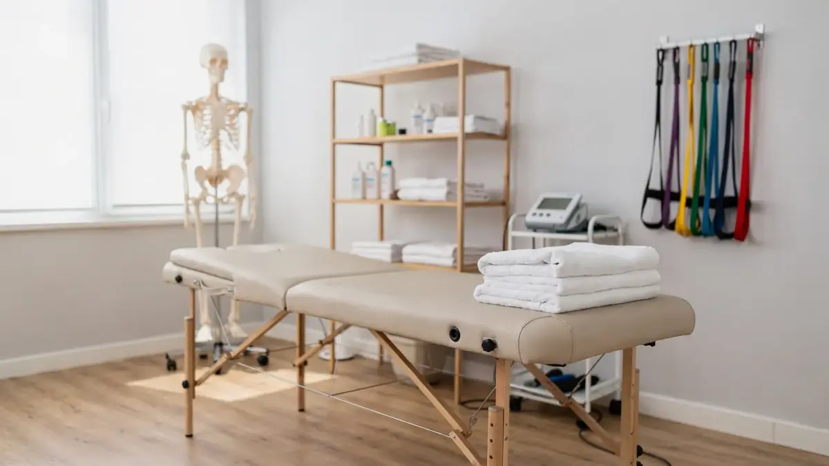 Behandlungsraum mit Liege und Therapiegeräten zu Osteopathie und Physiotherapie